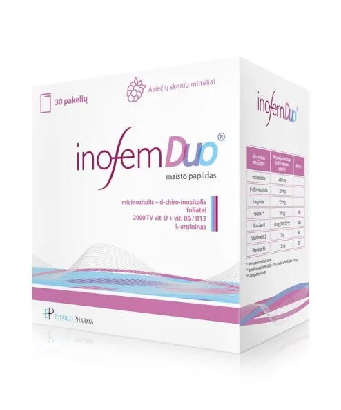 Moterų reprodukcinės sveikatos funkcijos ir hormonų aktyvumo palaikymui INOFEM DUO, 30 paketėlių